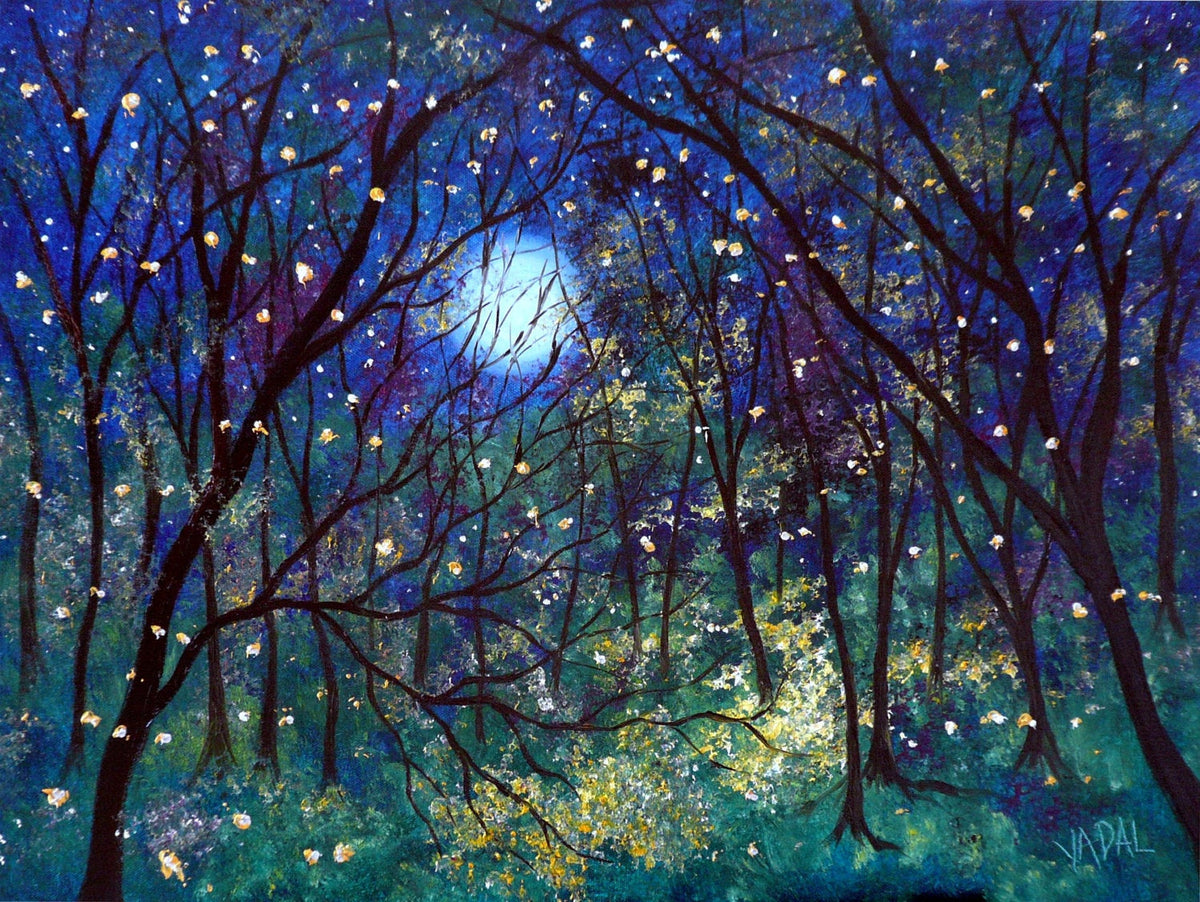 Original Oil Painting Signed, 8x8, Stretched Canvas, Bright Moon in Forest  at Night, Mysterious Landscape With Dancing Fireflies Art Work 
