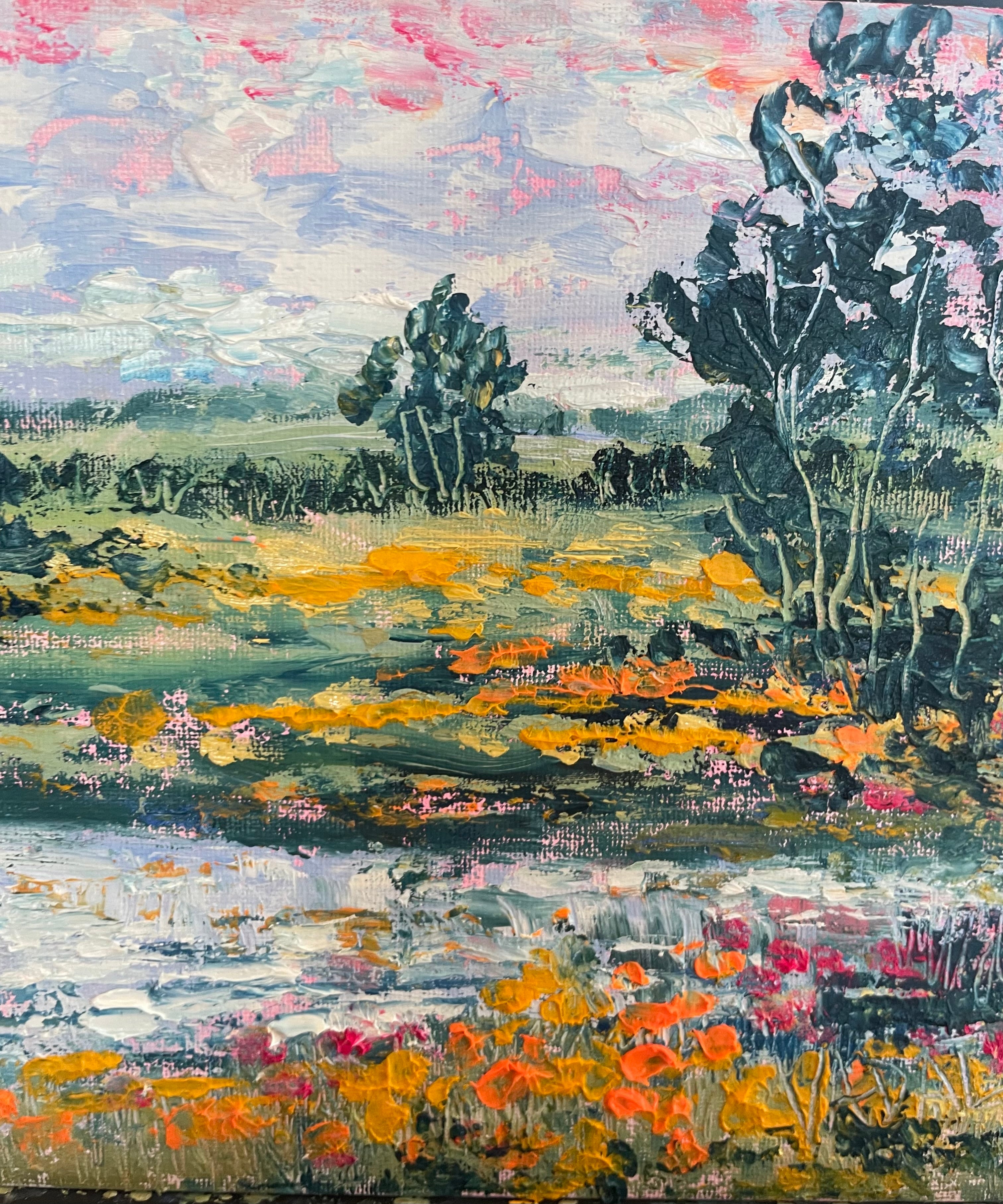 Original painting -oil painting -California oak trees,poppies and stream - 8 x 10