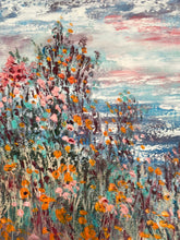 Load image into Gallery viewer, Sailboat and wildflowers with orange poppies in oil and cold wax