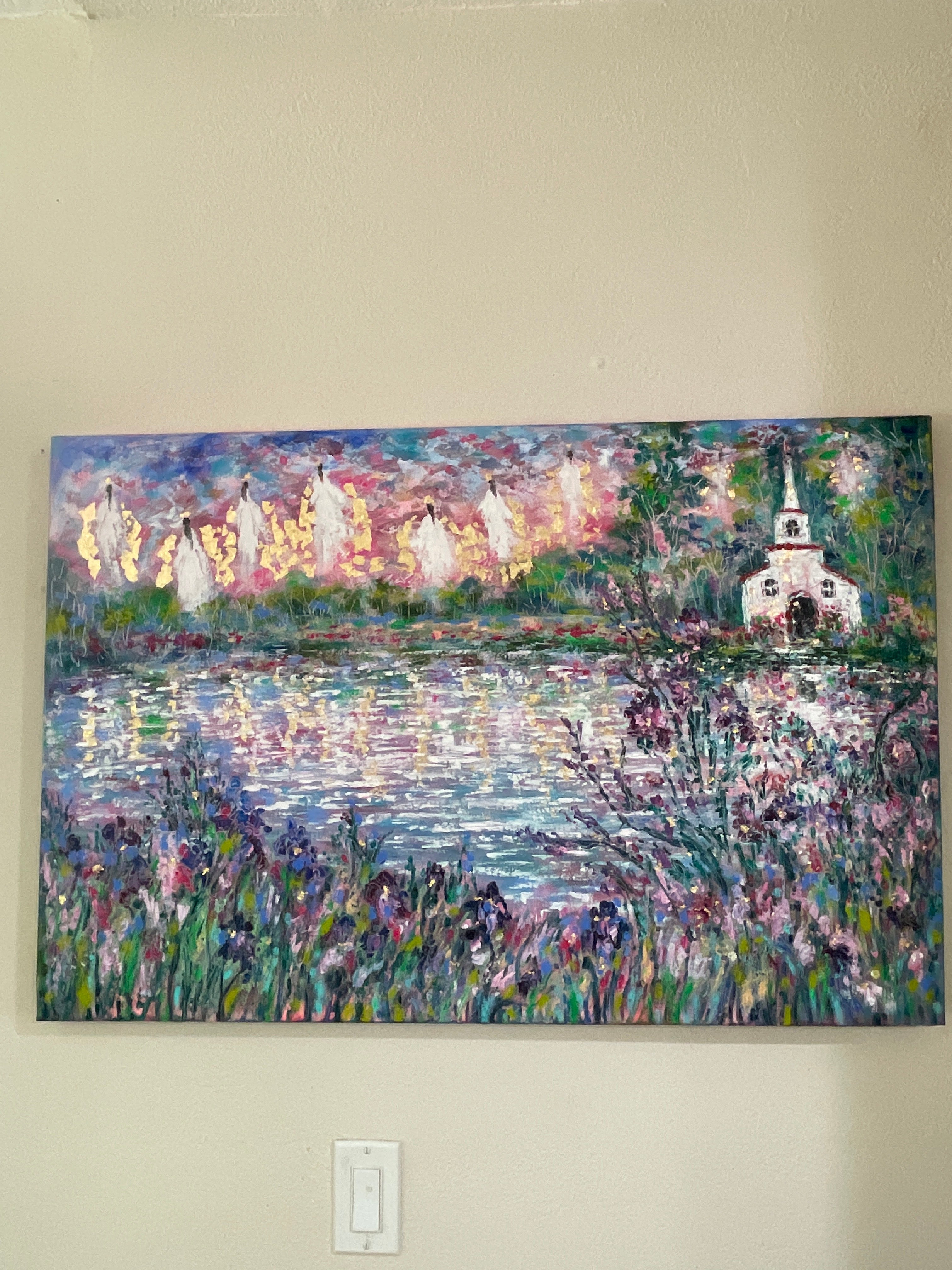 24x36x1.5 Original Painting Angels and White Country Church along wild Iris Pond