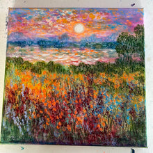 Load image into Gallery viewer, California sunny sky , pond , &amp; wildflowers- oil and cold wax -12 x12