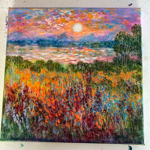 California sunny sky , pond , & wildflowers- oil and cold wax -12 x12