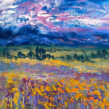 Load image into Gallery viewer, California clouds ,  oak trees and rolling hills, &amp; wildflowers- oil and cold wax