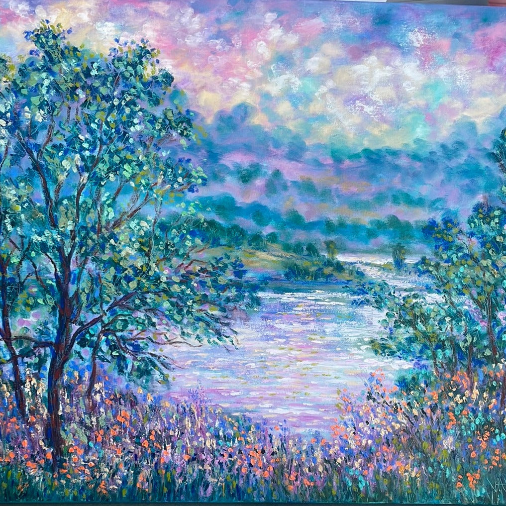 Original painting - California Don Pedro lake , oak trees and wildflowers -oil painting  40 x 30 x 1.5