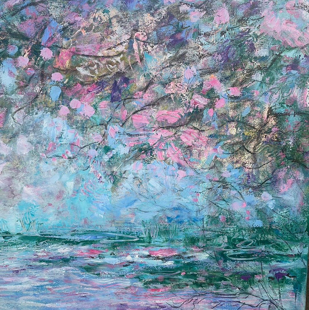 Original painting - Cherry blossom pond - 60 x 48 x 1.5 - oil