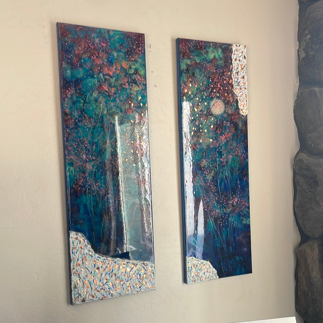 Original painting - Copper moonlight -2painting set - Large original oil painting  with ( resin-plaster) 24 x 36