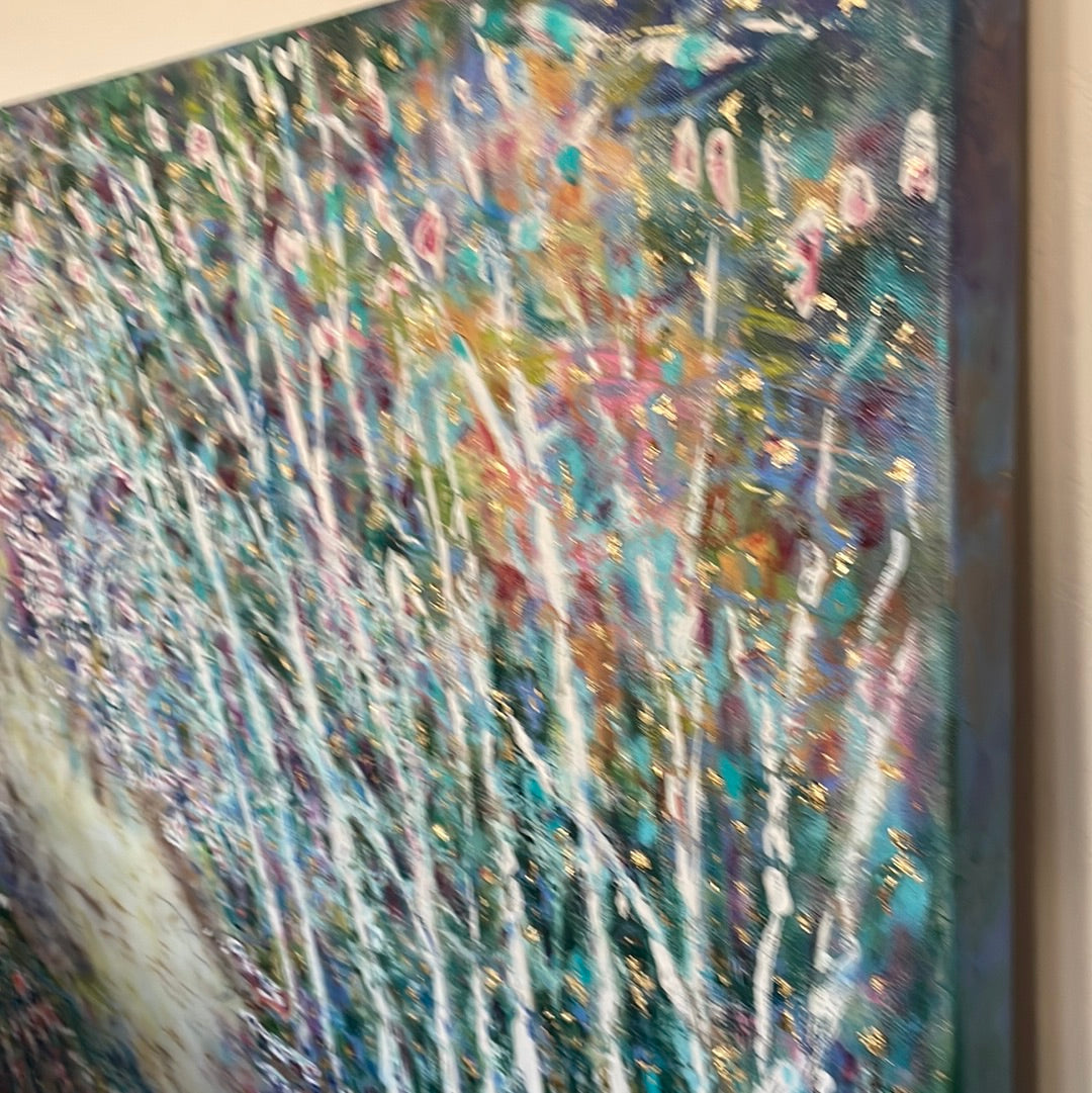 Original painting - Glowing stream and birch trees  - Large painting 60 x 48 x 1.5 - oil , plaster , and gold leaf