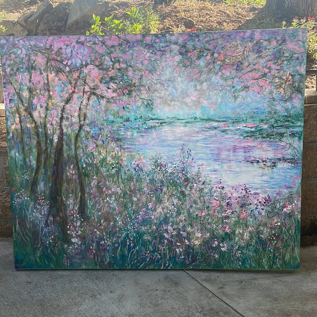 Original painting - Cherry blossom pond - 60 x 48 x 1.5 - oil