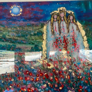 #7/15 -in Stock - embellished canvas print- Angels of the vineyards in moonlight -acrylic highlights and gold leaf-18 x 24 x1- with beautiful Resin finish