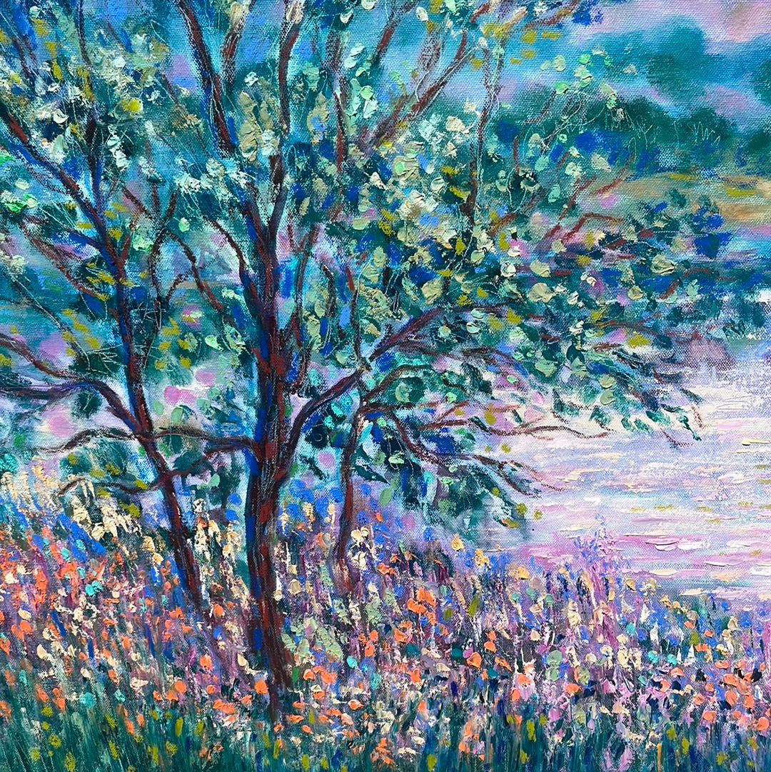 Original painting - California Don Pedro lake , oak trees and wildflowers -oil painting  40 x 30 x 1.5