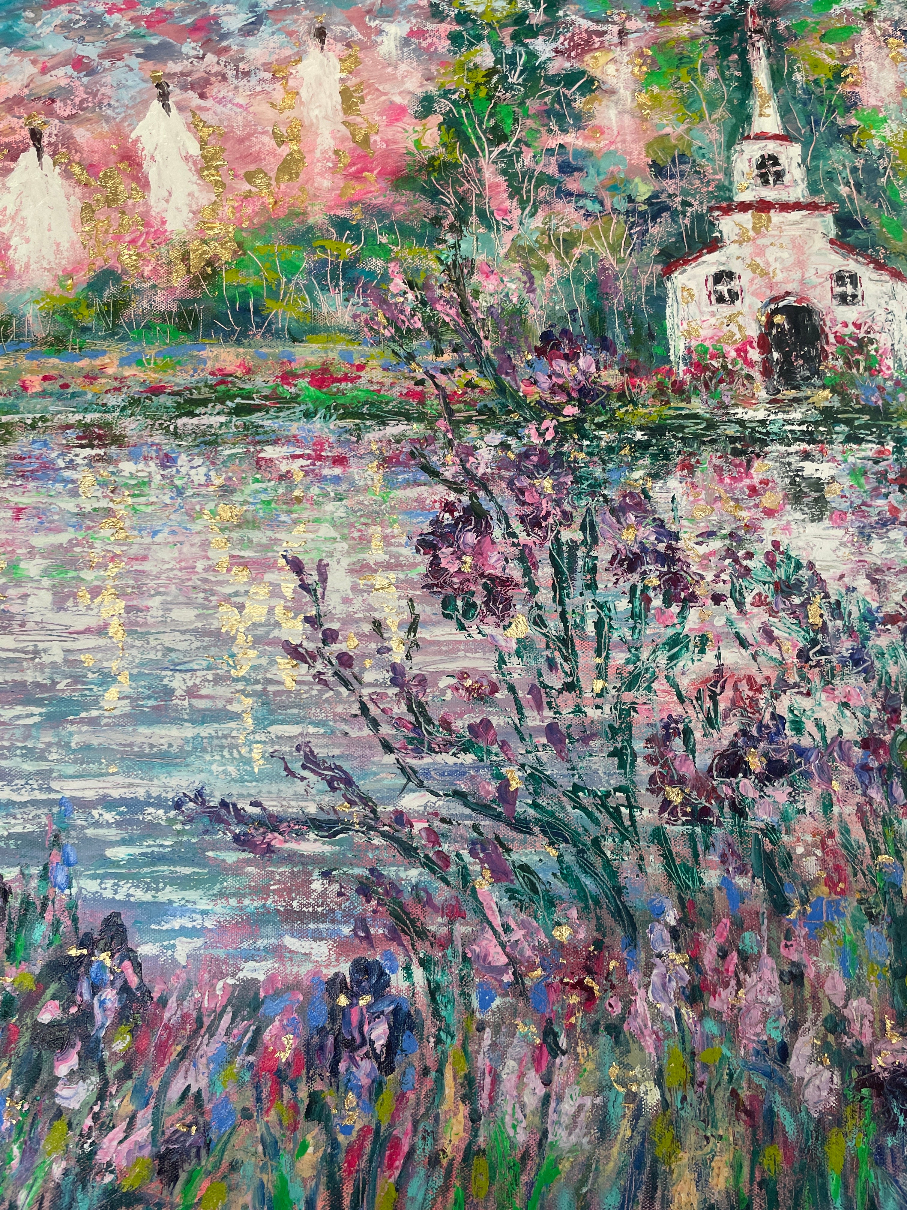 24x36x1.5 Original Painting Angels and White Country Church along wild Iris Pond