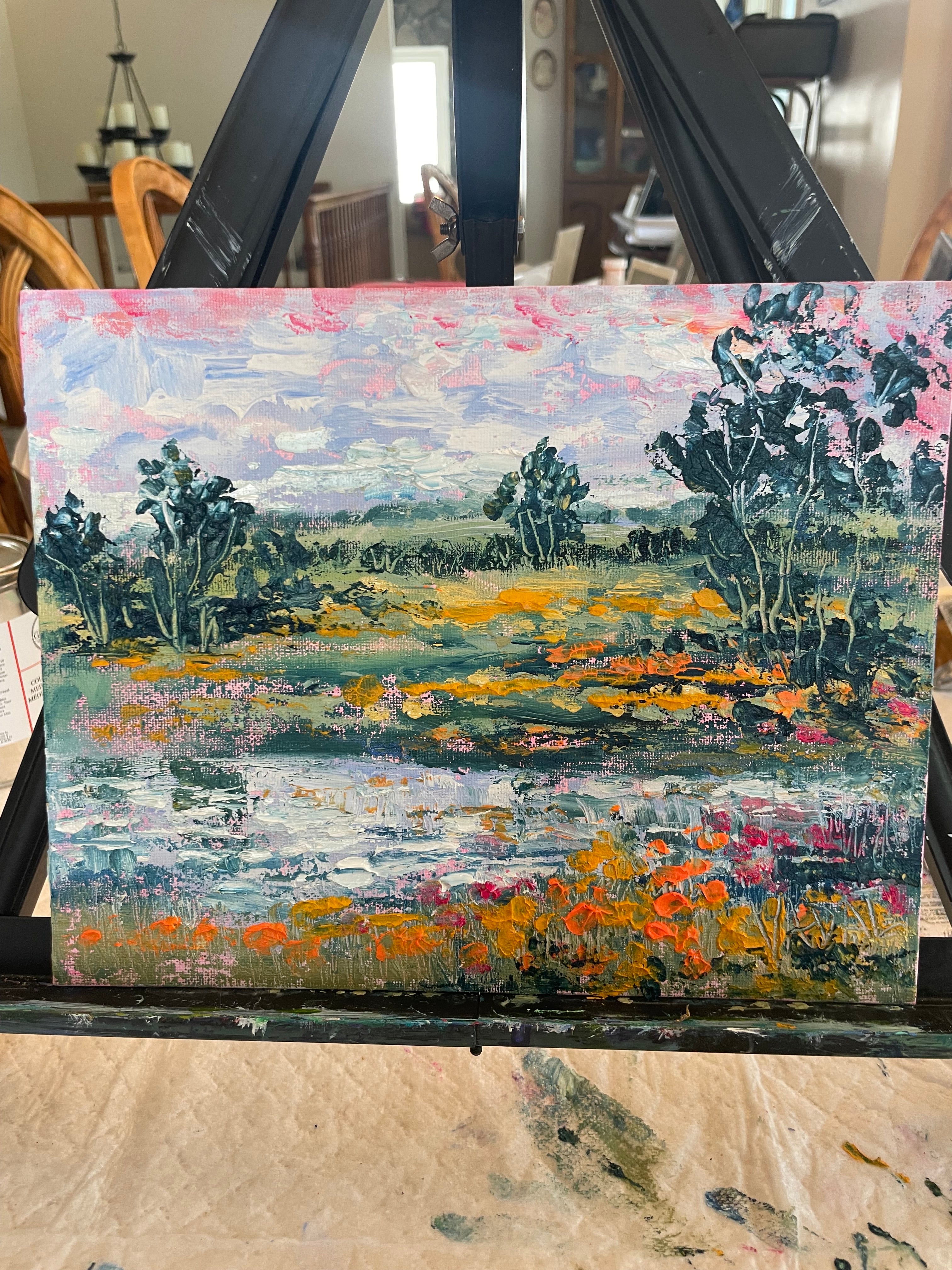 Original painting -oil painting -California oak trees,poppies and stream - 8 x 10