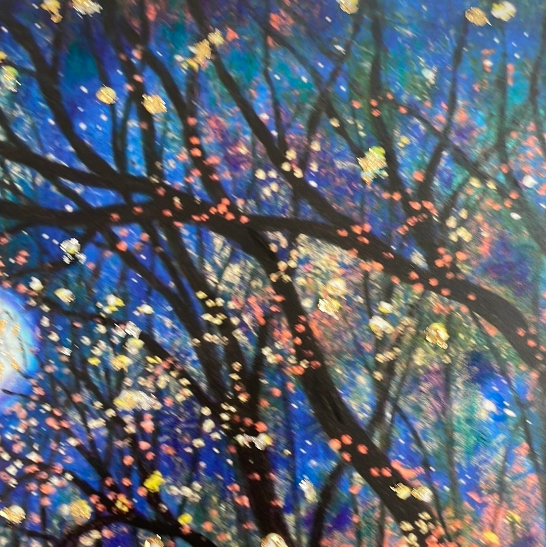 24x30 - Canvas Print - Copper moon and fireflies Embellished with Silver and Gold Leaf