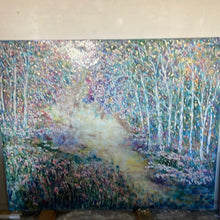Load image into Gallery viewer, Glowing stream and birch trees  - Large painting 60 x 48 x 1.5 - oil , plaster , and gold leaf