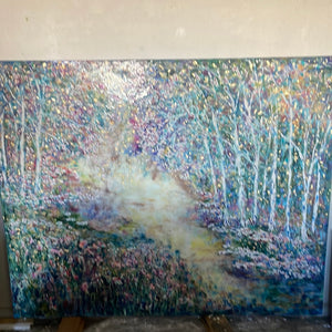 Glowing stream and birch trees  - Large painting 60 x 48 x 1.5 - oil , plaster , and gold leaf