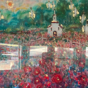 #4/15 in Stock  -white country church among red poppy fields with Angels - embellished print -with gold leaf-resin or Varnish finish -18 x 24 x1 on canvas
