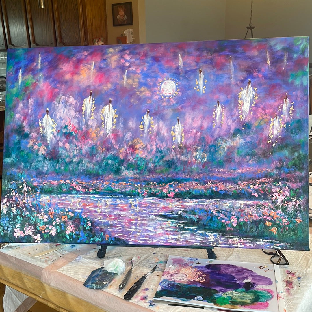 24x36x1.5 Original Oil Painting Angels of Cherry Blossom Heaven in moonlight