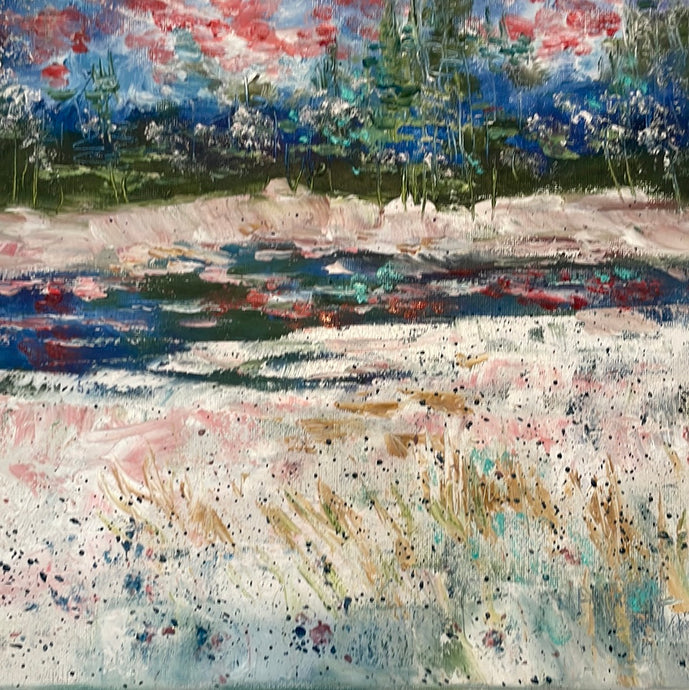 Yosemite pines in winter snow ,blue red sky   with stream - oil and cold wax