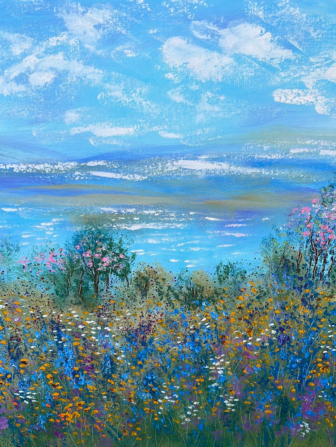 Original painting - California springtime meadow pond & wildflowers- oil -24 x 48 x1