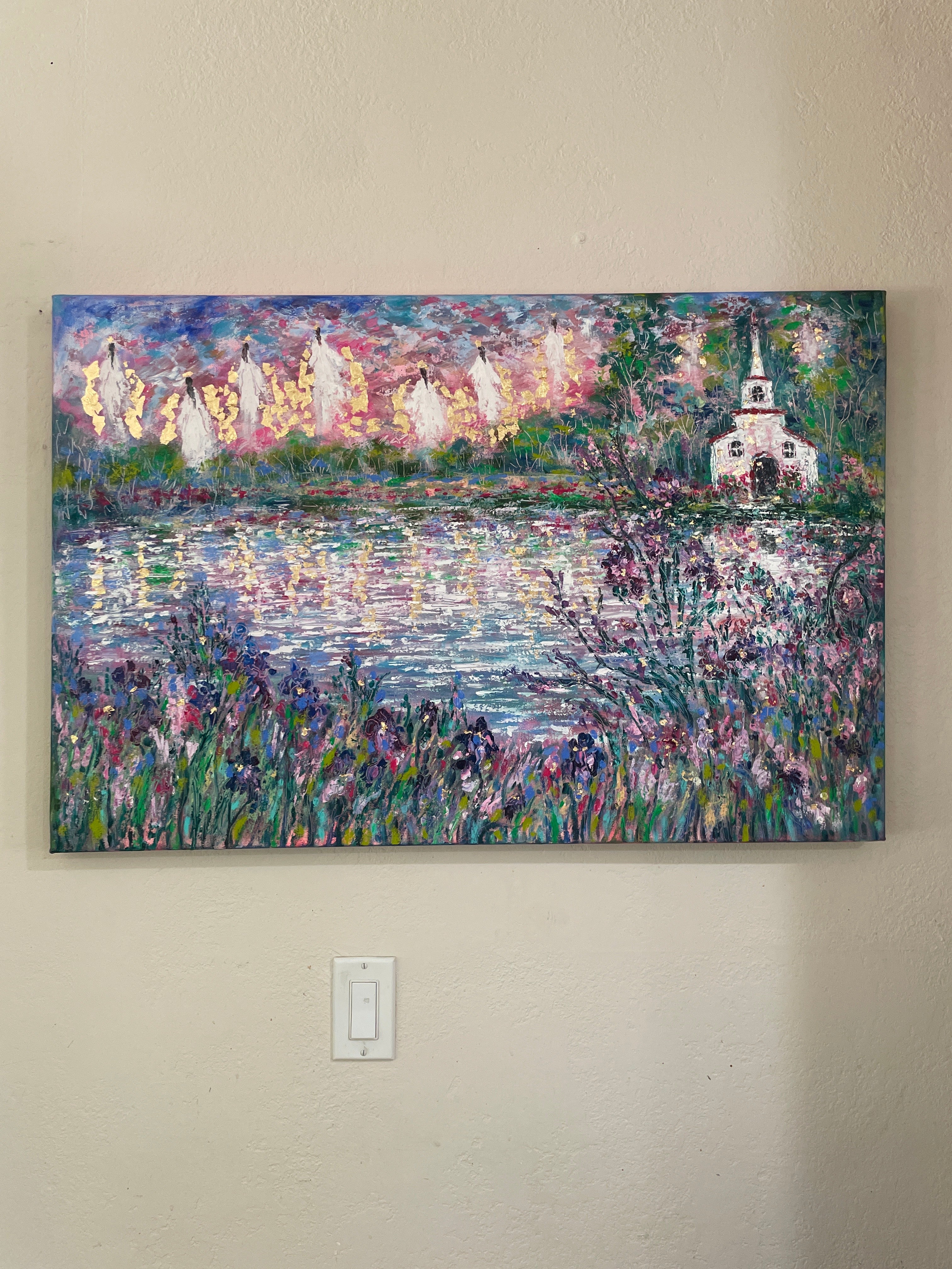 24x36x1.5 Original Painting Angels and White Country Church along wild Iris Pond