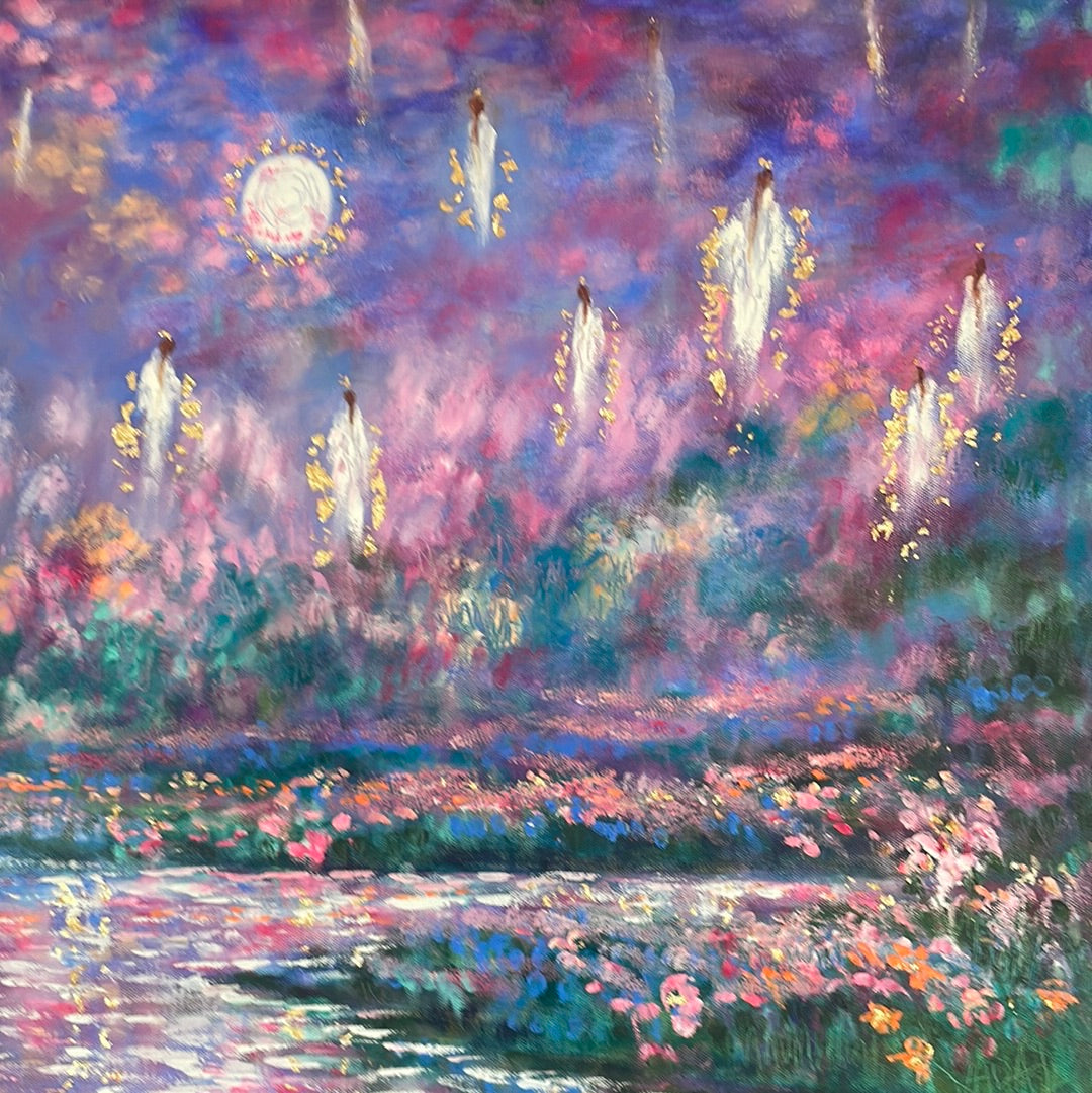 24x36x1.5 Original Oil Painting Angels of Cherry Blossom Heaven in moonlight