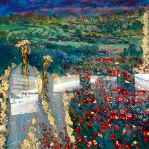 #7/15 -in Stock - embellished canvas print- Angels of the vineyards in moonlight -acrylic highlights and gold leaf-18 x 24 x1- with beautiful Resin finish