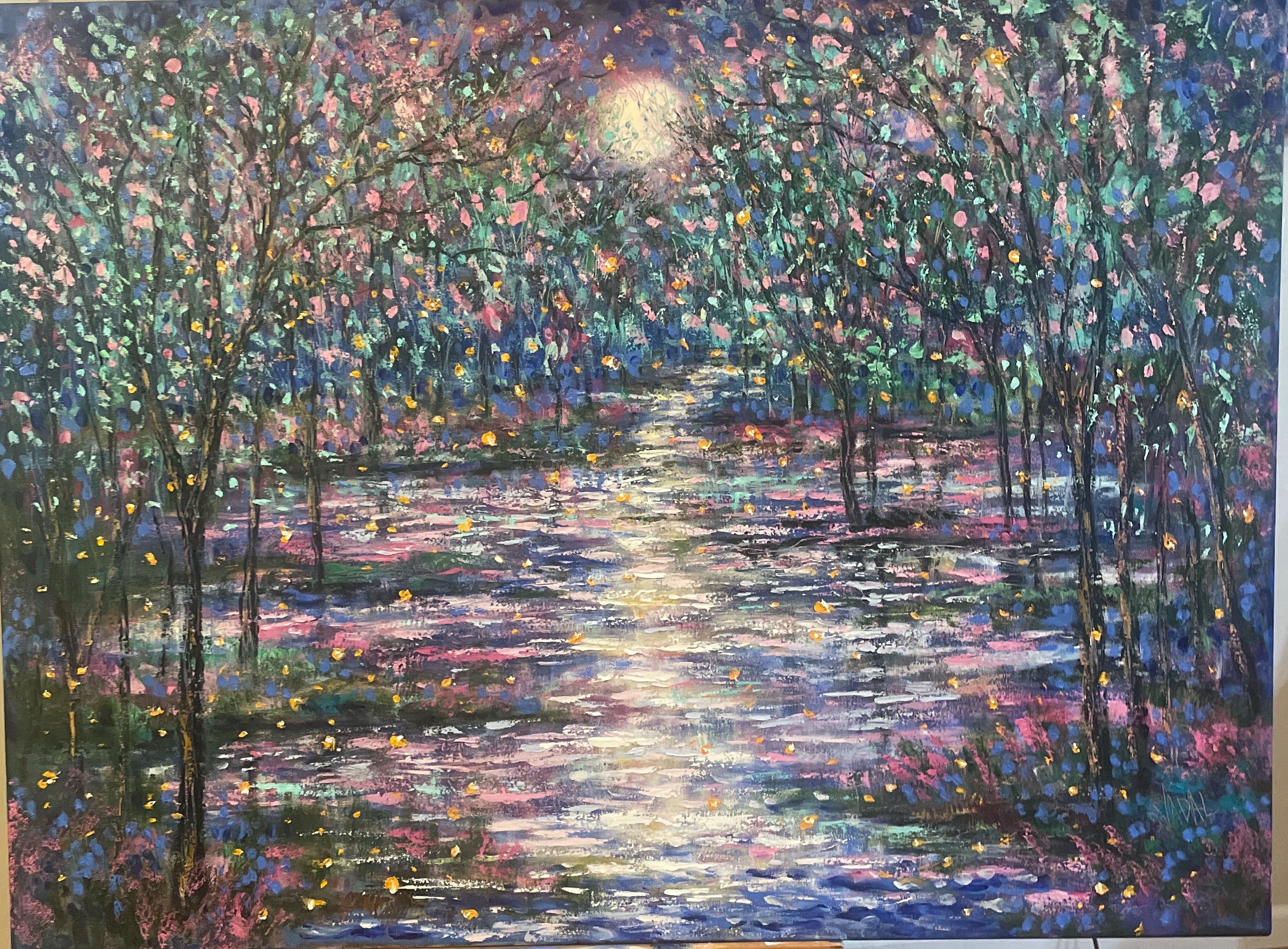 Original large oil  painting - moonlight and fireflies along the river - 30 x40 x1.5