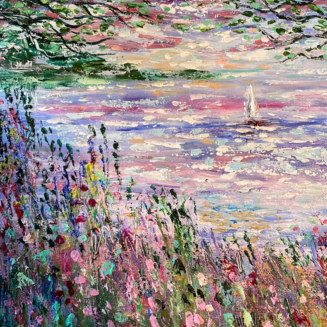 Original painting - California sailboat sailing and wildflowers   -oil and cold wax