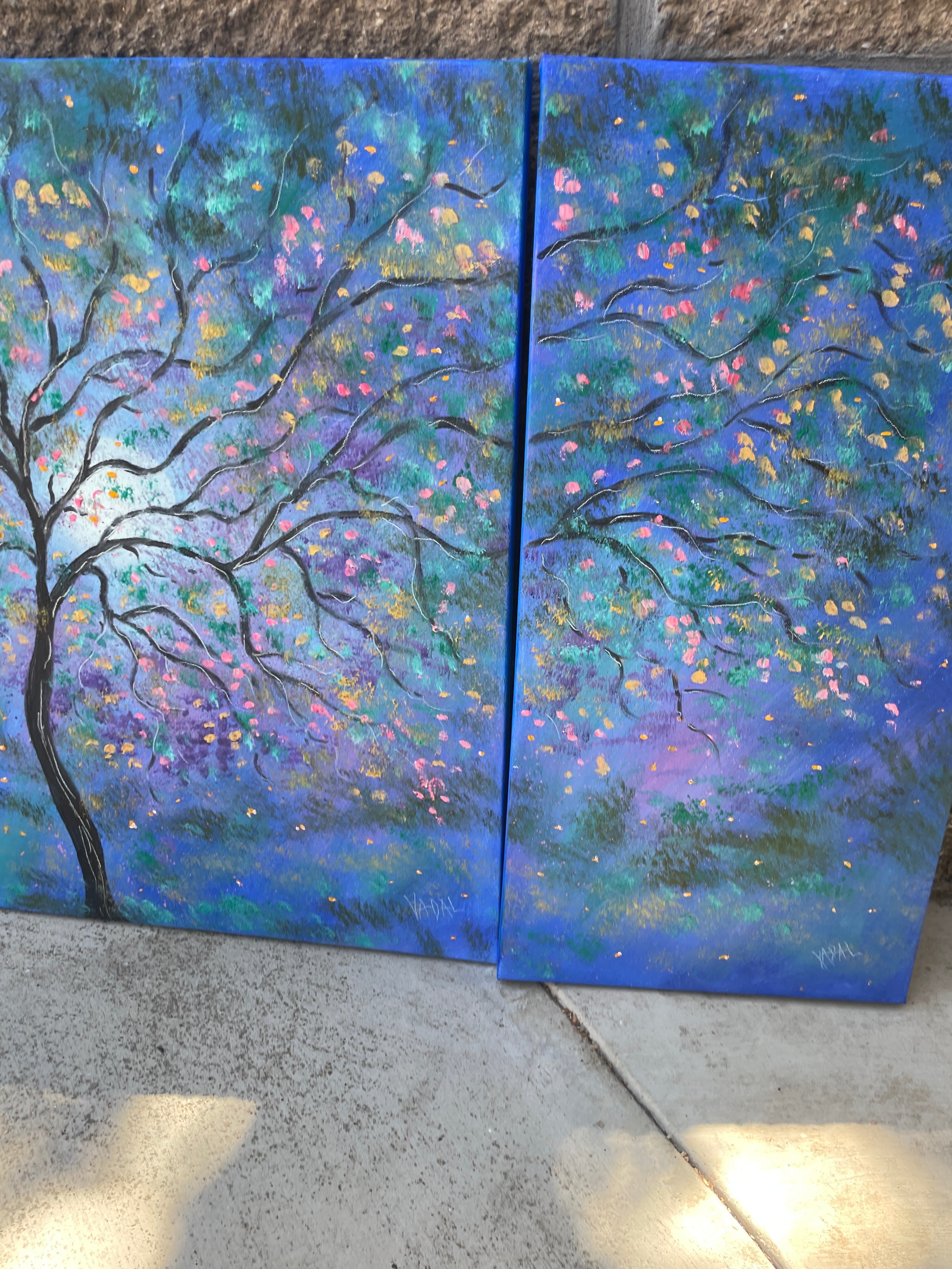 Original paintings - blue violet moon - 44 x 24 -3 painting set - oil paintings