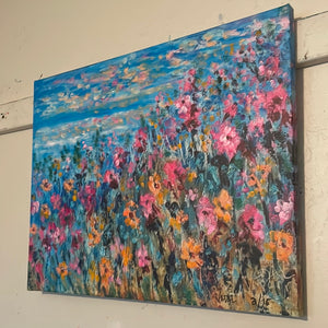 This is # 2 / 15 -limited edition embellished print- California coastal waves and bright poppies  -16 x 20   x 7/8