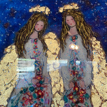 Load image into Gallery viewer, #18/30 in stock - limited edition embellished print -Angels in heavens moonlight  - 16 x 16 x1 with gold leaf -a resin finish has been added