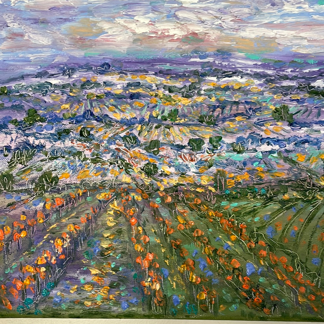 Original painting - Sonoma -Napa autum fields orange golden grape vines & wildflowers -oil and cold wax