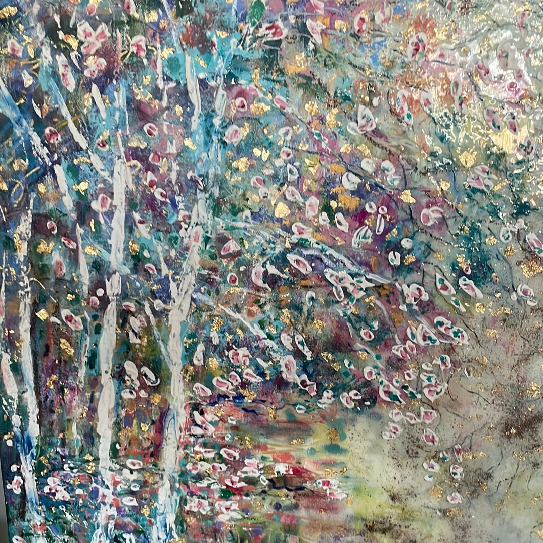 Original painting - Glowing stream and birch trees  - Large painting 60 x 48 x 1.5 - oil , plaster , and gold leaf