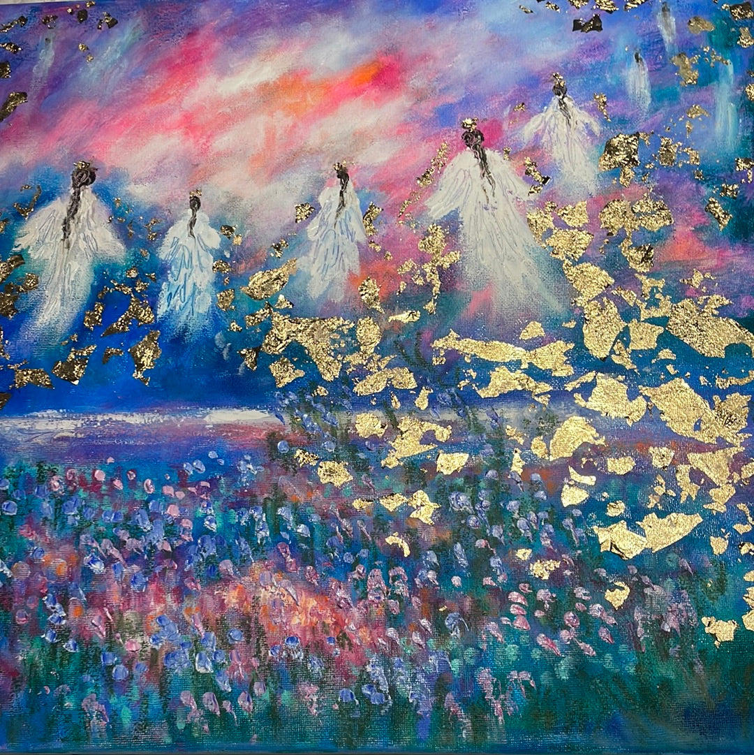 16x20x3/4 Original Painting Angels in Heavens Golden Clouds with Gold Leaf