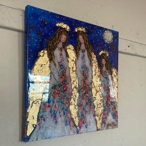 #18/30 in stock - limited edition embellished print -Angels in heavens moonlight  - 16 x 16 x1 with gold leaf -a resin finish has been added