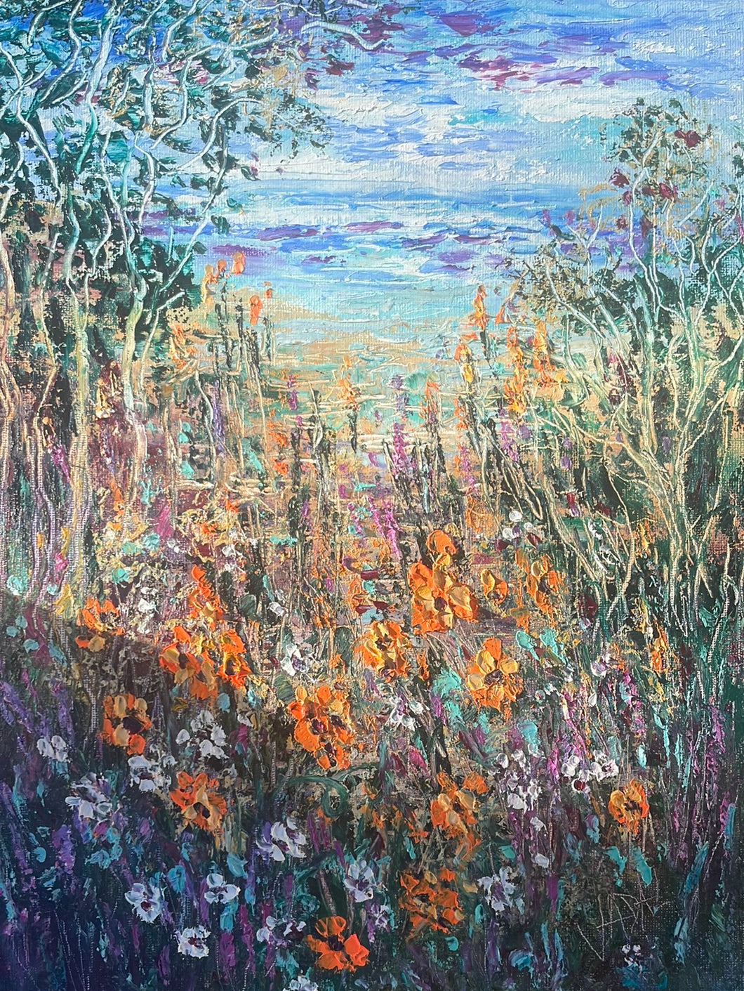 Monterey waves , trees and wildflowers   -oil and cold wax