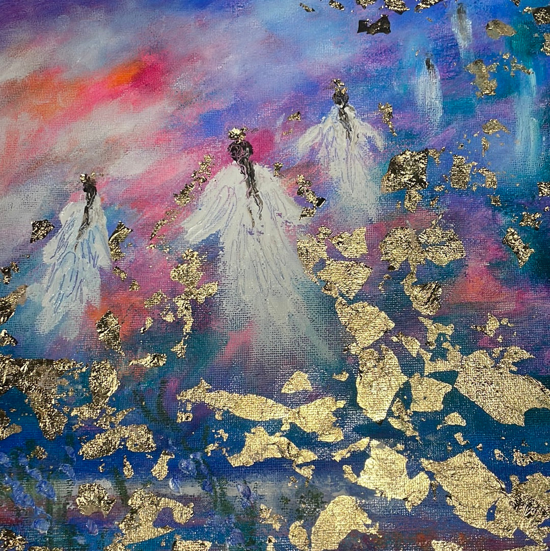 16x20x3/4 Original Painting Angels in Heavens Golden Clouds with Gold Leaf