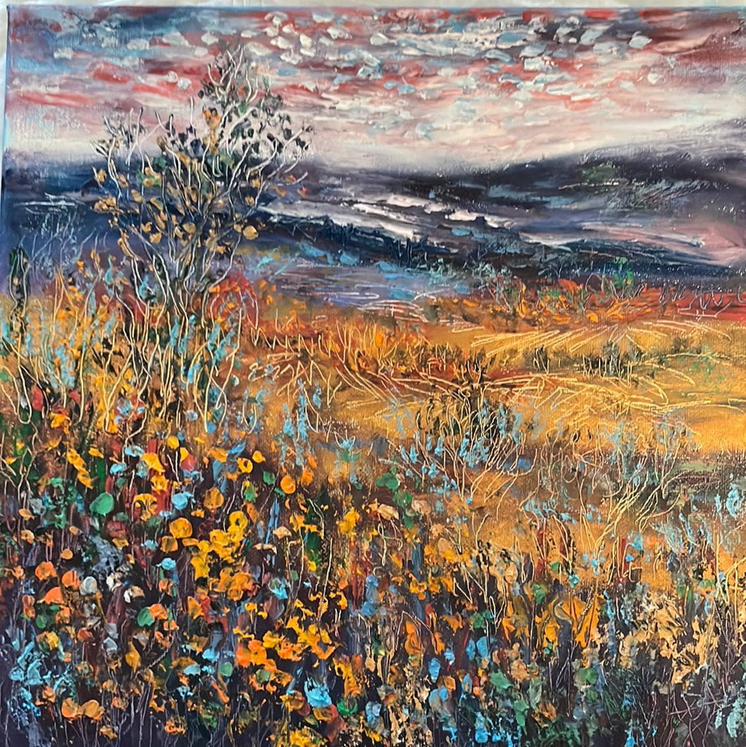 California autumn -  stormy skies  and wildflowers- oil and cold wax -12 x12