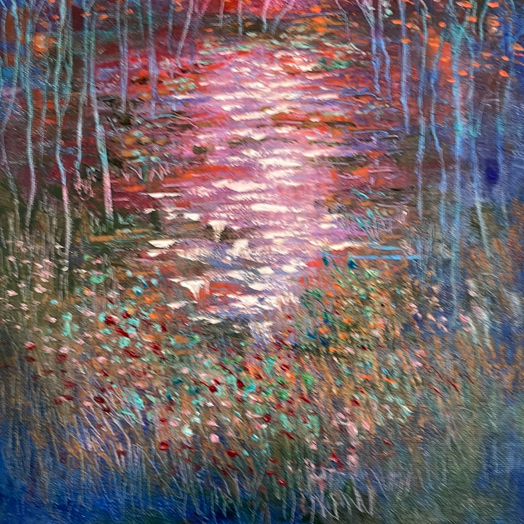 11x14x3/4 Original oil painting - Blue moon stream & red fall trees