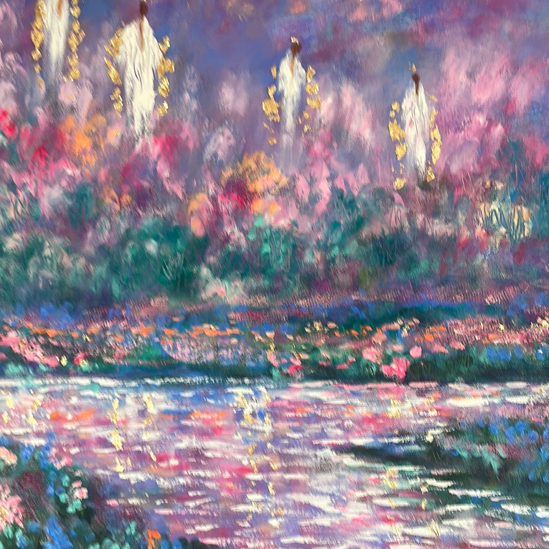 24x36x1.5 Original Oil Painting Angels of Cherry Blossom Heaven in moonlight