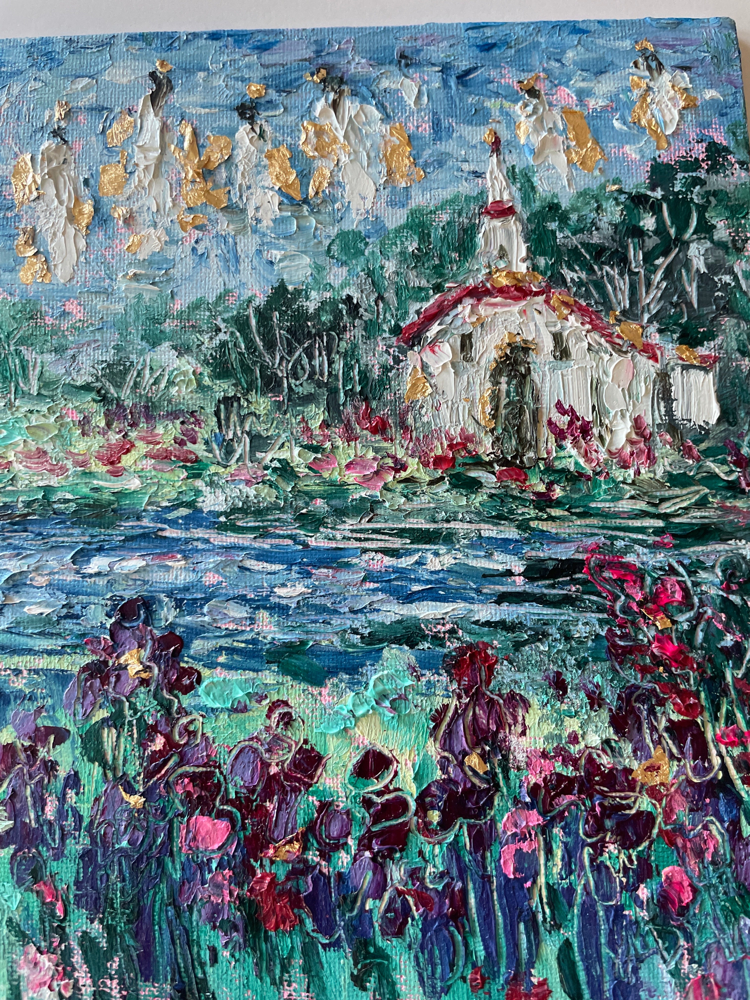 8x10 Original Painting White Country Church and Angels Along Iris Stream in Oil and Cold Wax