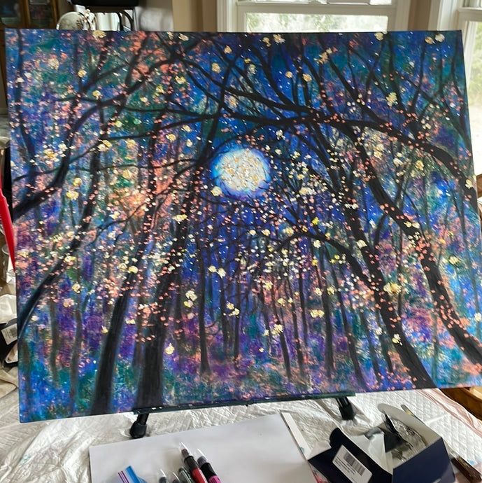 Copper moon and fireflies-embellished print -24 x 30 -# 1/15