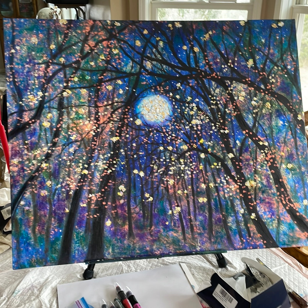 24x30 - Canvas Print - Copper moon and fireflies Embellished with Silver and Gold Leaf