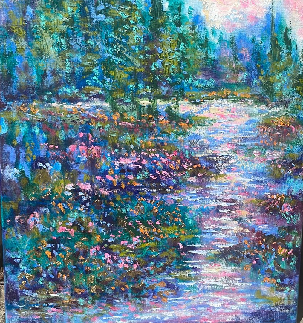 Original painting - California golden wildflowers -and rocky Yosemite  stream -oil painting  16 x20 x3/4