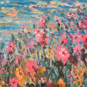 This is # 2 / 15 -limited edition embellished print- California coastal waves and bright poppies  -16 x 20   x 7/8