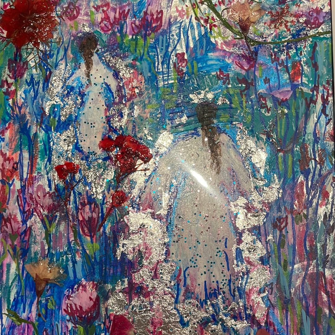 11x14 Original painting on Paper, Angels and Pressed Flowers with Silver Leaf