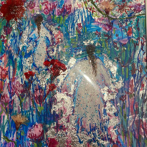 Original painting on paper - Angels and pressed flowers -silver leaf -11 x 14 Heavens blue red meadow-in stock