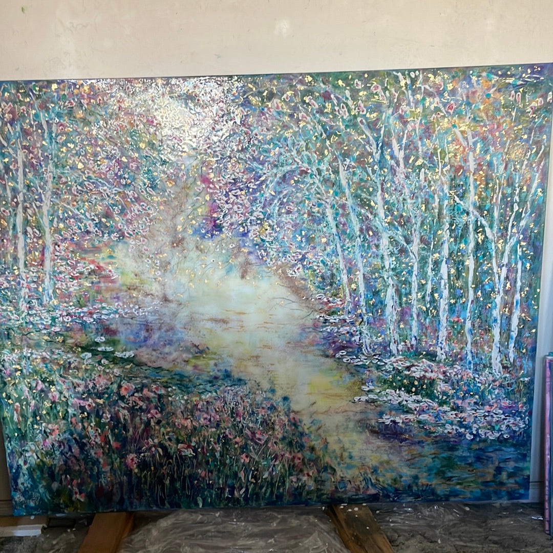 Original painting - Glowing stream and birch trees  - Large painting 60 x 48 x 1.5 - oil , plaster , and gold leaf