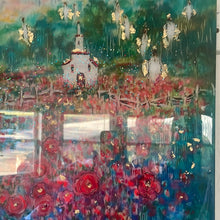 Load image into Gallery viewer, #4/15 in Stock  -white country church among red poppy fields with Angels - embellished print -with gold leaf-resin or Varnish finish -18 x 24 x1 on canvas