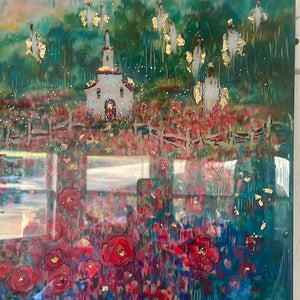 #4/15 in Stock  -white country church among red poppy fields with Angels - embellished print -with gold leaf-resin or Varnish finish -18 x 24 x1 on canvas
